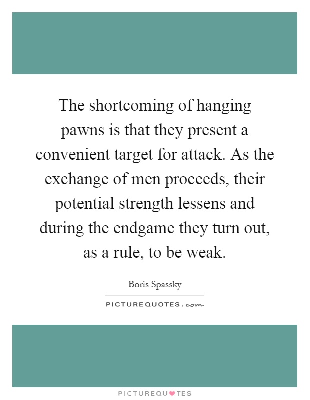 The shortcoming of hanging pawns is that they present a convenient target for attack. As the exchange of men proceeds, their potential strength lessens and during the endgame they turn out, as a rule, to be weak Picture Quote #1
