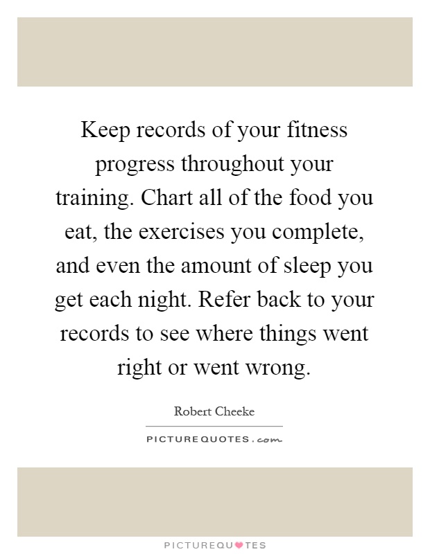 Keep records of your fitness progress throughout your training. Chart all of the food you eat, the exercises you complete, and even the amount of sleep you get each night. Refer back to your records to see where things went right or went wrong Picture Quote #1