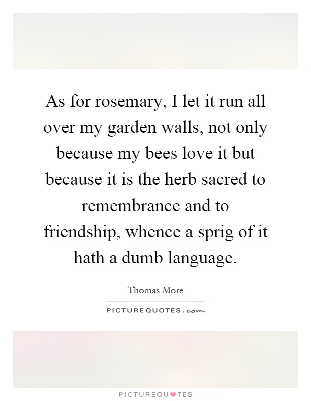 As for rosemary, I let it run all over my garden walls, not only because my bees love it but because it is the herb sacred to remembrance and to friendship, whence a sprig of it hath a dumb language Picture Quote #1