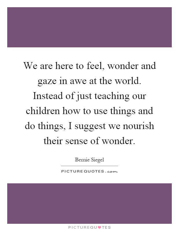 We are here to feel, wonder and gaze in awe at the world. Instead of just teaching our children how to use things and do things, I suggest we nourish their sense of wonder Picture Quote #1