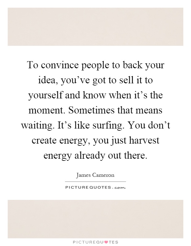 To convince people to back your idea, you've got to sell it to yourself and know when it's the moment. Sometimes that means waiting. It's like surfing. You don't create energy, you just harvest energy already out there Picture Quote #1