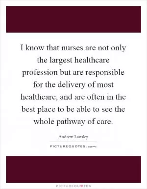I know that nurses are not only the largest healthcare profession but are responsible for the delivery of most healthcare, and are often in the best place to be able to see the whole pathway of care Picture Quote #1