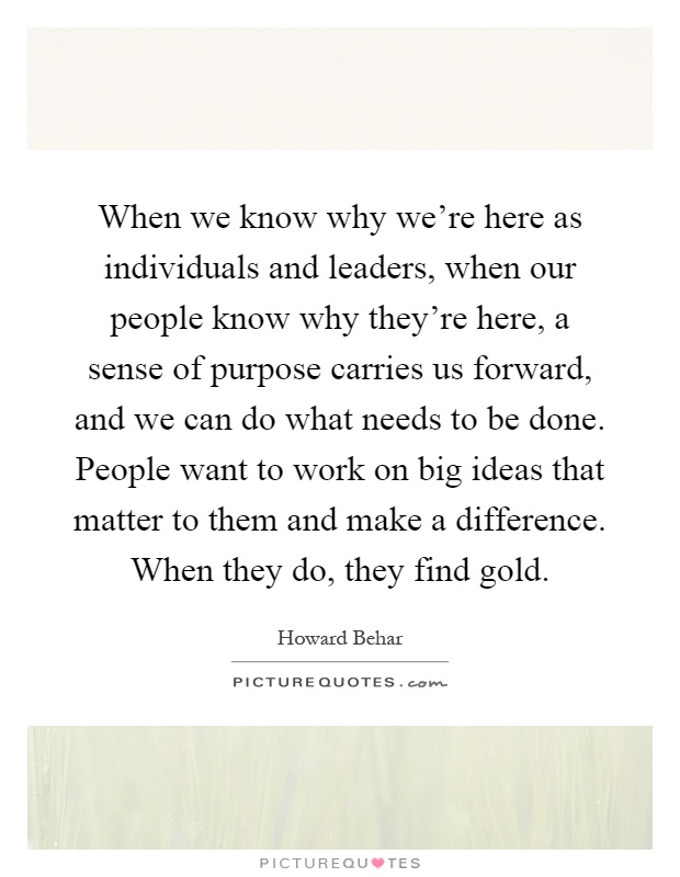 When we know why we're here as individuals and leaders, when our people know why they're here, a sense of purpose carries us forward, and we can do what needs to be done. People want to work on big ideas that matter to them and make a difference. When they do, they find gold Picture Quote #1
