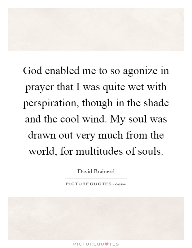 God enabled me to so agonize in prayer that I was quite wet with perspiration, though in the shade and the cool wind. My soul was drawn out very much from the world, for multitudes of souls Picture Quote #1