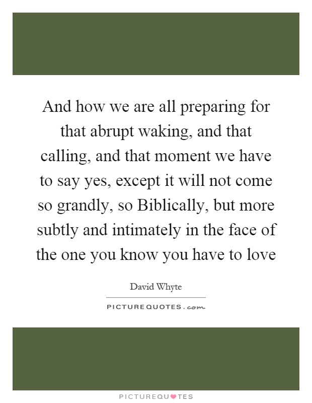 And how we are all preparing for that abrupt waking, and that calling, and that moment we have to say yes, except it will not come so grandly, so Biblically, but more subtly and intimately in the face of the one you know you have to love Picture Quote #1