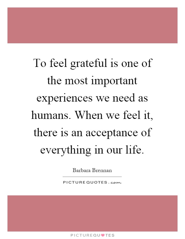 To feel grateful is one of the most important experiences we need as humans. When we feel it, there is an acceptance of everything in our life Picture Quote #1