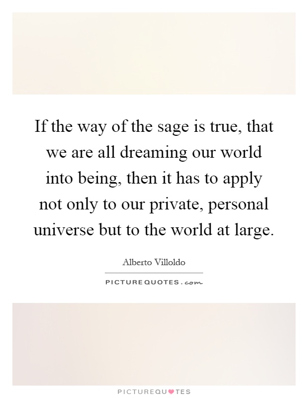 If the way of the sage is true, that we are all dreaming our world into being, then it has to apply not only to our private, personal universe but to the world at large Picture Quote #1