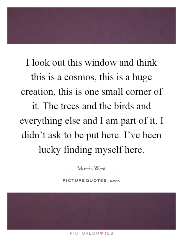 I look out this window and think this is a cosmos, this is a huge creation, this is one small corner of it. The trees and the birds and everything else and I am part of it. I didn't ask to be put here. I've been lucky finding myself here Picture Quote #1