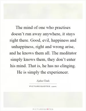 The mind of one who practises doesn’t run away anywhere, it stays right there. Good, evil, happiness and unhappiness, right and wrong arise, and he knows them all. The meditator simply knows them, they don’t enter his mind. That is, he has no clinging. He is simply the experiencer Picture Quote #1