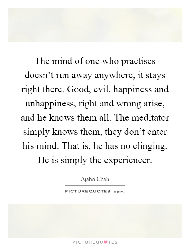 The mind of one who practises doesn't run away anywhere, it stays right there. Good, evil, happiness and unhappiness, right and wrong arise, and he knows them all. The meditator simply knows them, they don't enter his mind. That is, he has no clinging. He is simply the experiencer Picture Quote #1