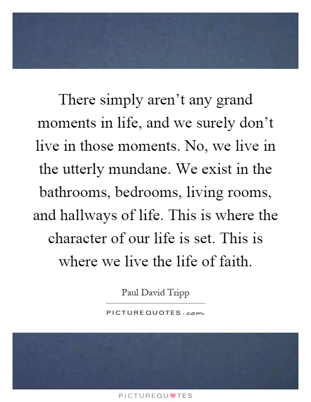 There simply aren't any grand moments in life, and we surely don't live in those moments. No, we live in the utterly mundane. We exist in the bathrooms, bedrooms, living rooms, and hallways of life. This is where the character of our life is set. This is where we live the life of faith Picture Quote #1