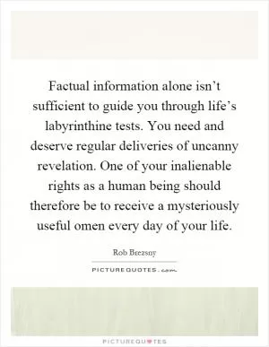 Factual information alone isn’t sufficient to guide you through life’s labyrinthine tests. You need and deserve regular deliveries of uncanny revelation. One of your inalienable rights as a human being should therefore be to receive a mysteriously useful omen every day of your life Picture Quote #1
