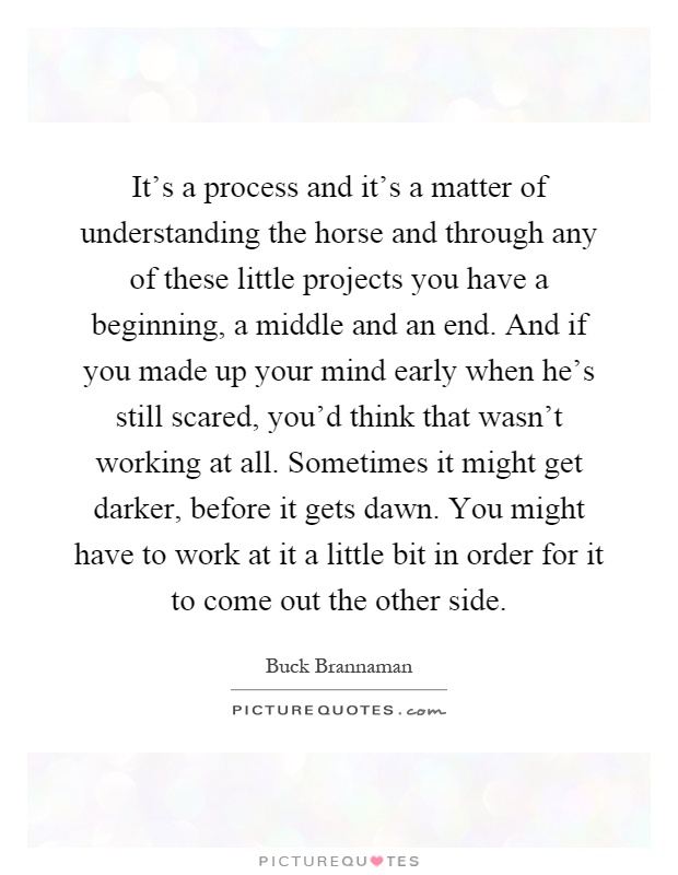 It's a process and it's a matter of understanding the horse and through any of these little projects you have a beginning, a middle and an end. And if you made up your mind early when he's still scared, you'd think that wasn't working at all. Sometimes it might get darker, before it gets dawn. You might have to work at it a little bit in order for it to come out the other side Picture Quote #1