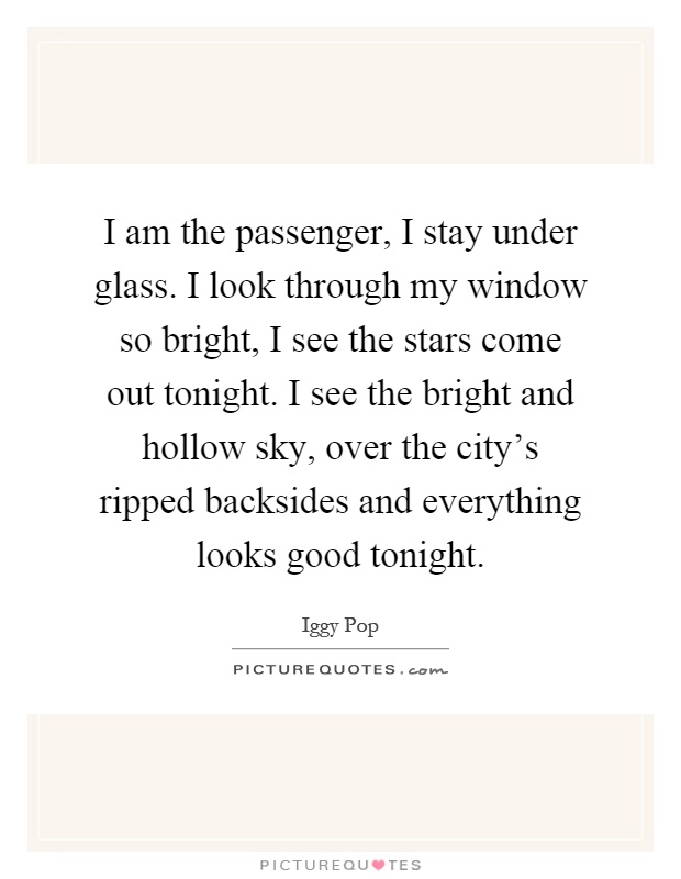 I am the passenger, I stay under glass. I look through my window so bright, I see the stars come out tonight. I see the bright and hollow sky, over the city's ripped backsides and everything looks good tonight Picture Quote #1