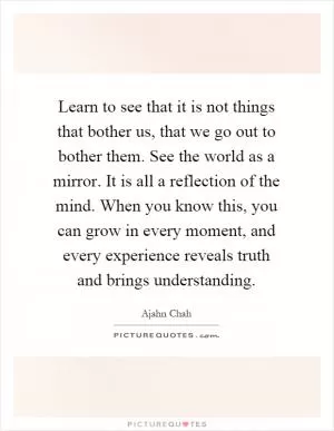 Learn to see that it is not things that bother us, that we go out to bother them. See the world as a mirror. It is all a reflection of the mind. When you know this, you can grow in every moment, and every experience reveals truth and brings understanding Picture Quote #1