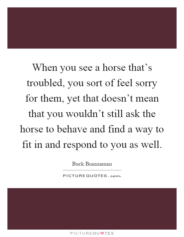When you see a horse that's troubled, you sort of feel sorry for them, yet that doesn't mean that you wouldn't still ask the horse to behave and find a way to fit in and respond to you as well Picture Quote #1