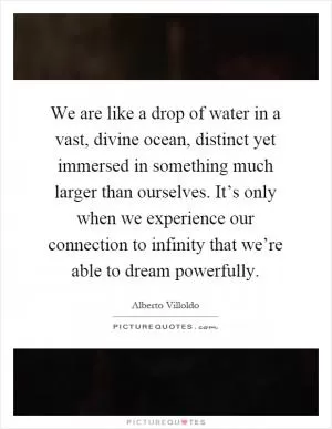 We are like a drop of water in a vast, divine ocean, distinct yet immersed in something much larger than ourselves. It’s only when we experience our connection to infinity that we’re able to dream powerfully Picture Quote #1