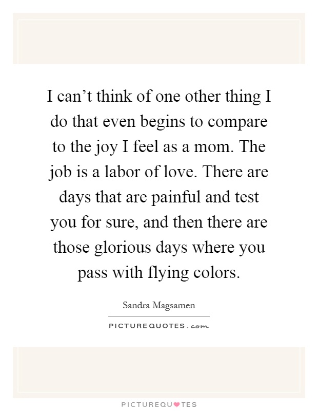 I can't think of one other thing I do that even begins to compare to the joy I feel as a mom. The job is a labor of love. There are days that are painful and test you for sure, and then there are those glorious days where you pass with flying colors Picture Quote #1