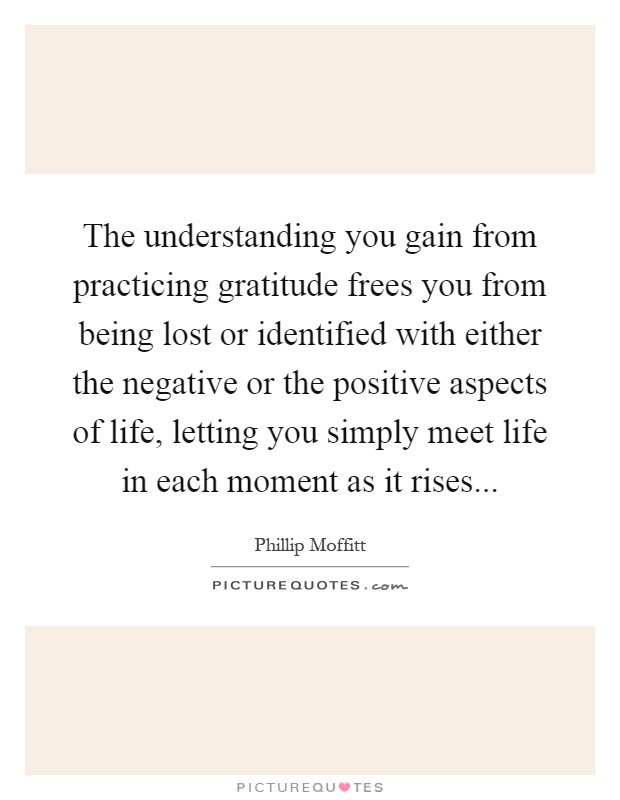 The understanding you gain from practicing gratitude frees you from being lost or identified with either the negative or the positive aspects of life, letting you simply meet life in each moment as it rises Picture Quote #1