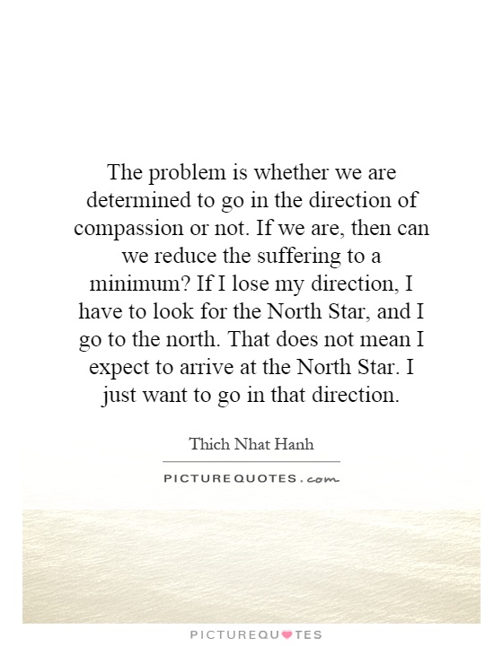 The problem is whether we are determined to go in the direction of compassion or not. If we are, then can we reduce the suffering to a minimum? If I lose my direction, I have to look for the North Star, and I go to the north. That does not mean I expect to arrive at the North Star. I just want to go in that direction Picture Quote #1