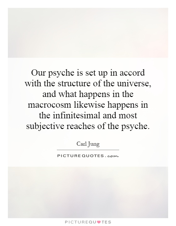 Our psyche is set up in accord with the structure of the universe, and what happens in the macrocosm likewise happens in the infinitesimal and most subjective reaches of the psyche Picture Quote #1