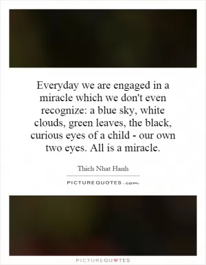 Everyday we are engaged in a miracle which we don't even recognize: a blue sky, white clouds, green leaves, the black, curious eyes of a child - our own two eyes. All is a miracle Picture Quote #1