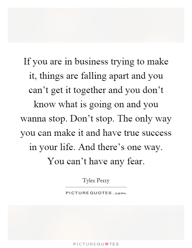 If you are in business trying to make it, things are falling apart and you can't get it together and you don't know what is going on and you wanna stop. Don't stop. The only way you can make it and have true success in your life. And there's one way. You can't have any fear Picture Quote #1