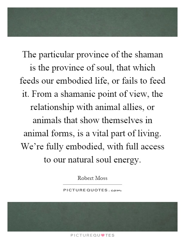 The particular province of the shaman is the province of soul, that which feeds our embodied life, or fails to feed it. From a shamanic point of view, the relationship with animal allies, or animals that show themselves in animal forms, is a vital part of living. We're fully embodied, with full access to our natural soul energy Picture Quote #1