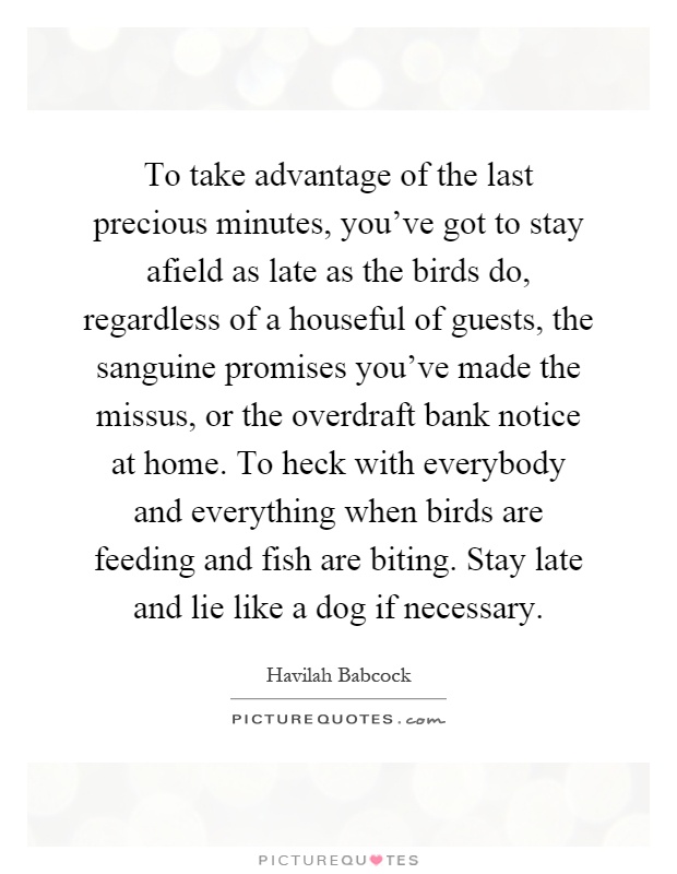 To take advantage of the last precious minutes, you've got to stay afield as late as the birds do, regardless of a houseful of guests, the sanguine promises you've made the missus, or the overdraft bank notice at home. To heck with everybody and everything when birds are feeding and fish are biting. Stay late and lie like a dog if necessary Picture Quote #1