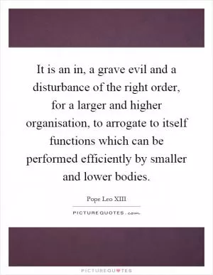 It is an in, a grave evil and a disturbance of the right order, for a larger and higher organisation, to arrogate to itself functions which can be performed efficiently by smaller and lower bodies Picture Quote #1