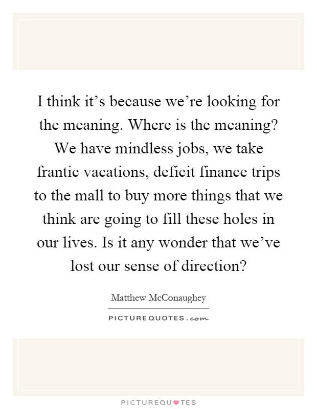 I think it's because we're looking for the meaning. Where is the meaning? We have mindless jobs, we take frantic vacations, deficit finance trips to the mall to buy more things that we think are going to fill these holes in our lives. Is it any wonder that we've lost our sense of direction? Picture Quote #1