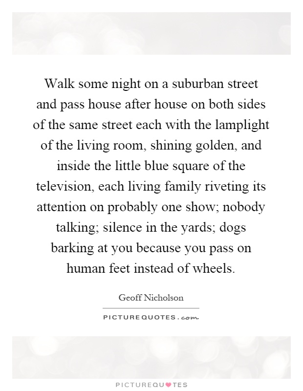 Walk some night on a suburban street and pass house after house on both sides of the same street each with the lamplight of the living room, shining golden, and inside the little blue square of the television, each living family riveting its attention on probably one show; nobody talking; silence in the yards; dogs barking at you because you pass on human feet instead of wheels Picture Quote #1