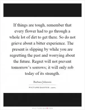 If things are tough, remember that every flower had to go through a whole lot of dirt to get there. So do not grieve about a bitter experience. The present is slipping by while you are regretting the past and worrying about the future. Regret will not prevent tomorrow’s sorrows; it will only rob today of its strength Picture Quote #1