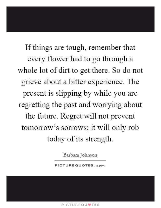 If things are tough, remember that every flower had to go through a whole lot of dirt to get there. So do not grieve about a bitter experience. The present is slipping by while you are regretting the past and worrying about the future. Regret will not prevent tomorrow's sorrows; it will only rob today of its strength Picture Quote #1
