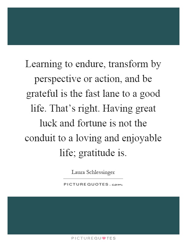 Learning to endure, transform by perspective or action, and be grateful is the fast lane to a good life. That's right. Having great luck and fortune is not the conduit to a loving and enjoyable life; gratitude is Picture Quote #1