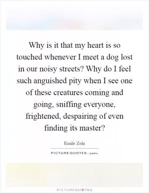 Why is it that my heart is so touched whenever I meet a dog lost in our noisy streets? Why do I feel such anguished pity when I see one of these creatures coming and going, sniffing everyone, frightened, despairing of even finding its master? Picture Quote #1