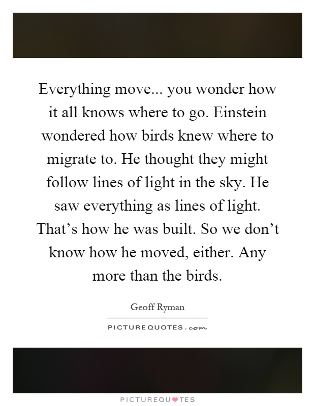 Everything move... you wonder how it all knows where to go. Einstein wondered how birds knew where to migrate to. He thought they might follow lines of light in the sky. He saw everything as lines of light. That's how he was built. So we don't know how he moved, either. Any more than the birds Picture Quote #1