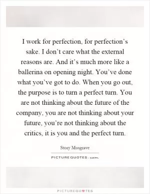 I work for perfection, for perfection’s sake. I don’t care what the external reasons are. And it’s much more like a ballerina on opening night. You’ve done what you’ve got to do. When you go out, the purpose is to turn a perfect turn. You are not thinking about the future of the company, you are not thinking about your future, you’re not thinking about the critics, it is you and the perfect turn Picture Quote #1