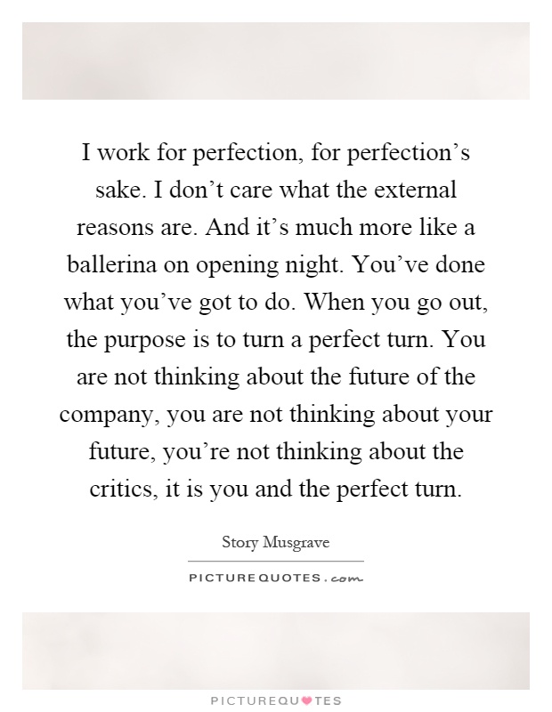 I work for perfection, for perfection's sake. I don't care what the external reasons are. And it's much more like a ballerina on opening night. You've done what you've got to do. When you go out, the purpose is to turn a perfect turn. You are not thinking about the future of the company, you are not thinking about your future, you're not thinking about the critics, it is you and the perfect turn Picture Quote #1