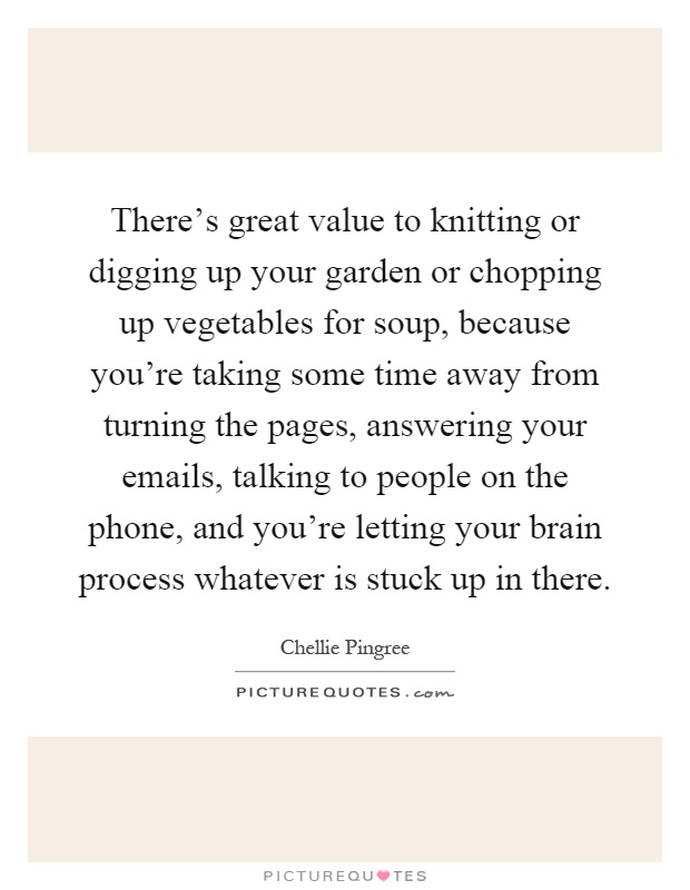 There's great value to knitting or digging up your garden or chopping up vegetables for soup, because you're taking some time away from turning the pages, answering your emails, talking to people on the phone, and you're letting your brain process whatever is stuck up in there Picture Quote #1
