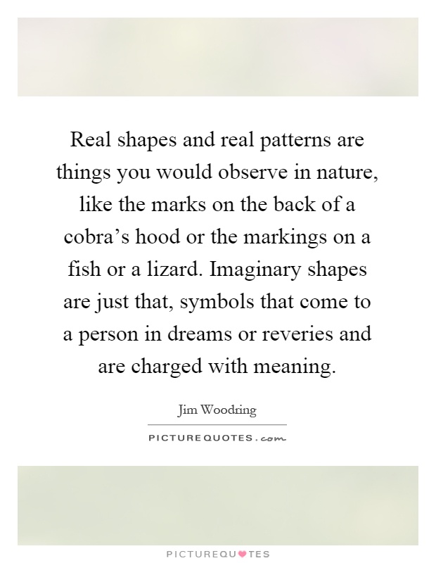 Real shapes and real patterns are things you would observe in nature, like the marks on the back of a cobra's hood or the markings on a fish or a lizard. Imaginary shapes are just that, symbols that come to a person in dreams or reveries and are charged with meaning Picture Quote #1