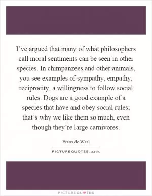 I’ve argued that many of what philosophers call moral sentiments can be seen in other species. In chimpanzees and other animals, you see examples of sympathy, empathy, reciprocity, a willingness to follow social rules. Dogs are a good example of a species that have and obey social rules; that’s why we like them so much, even though they’re large carnivores Picture Quote #1