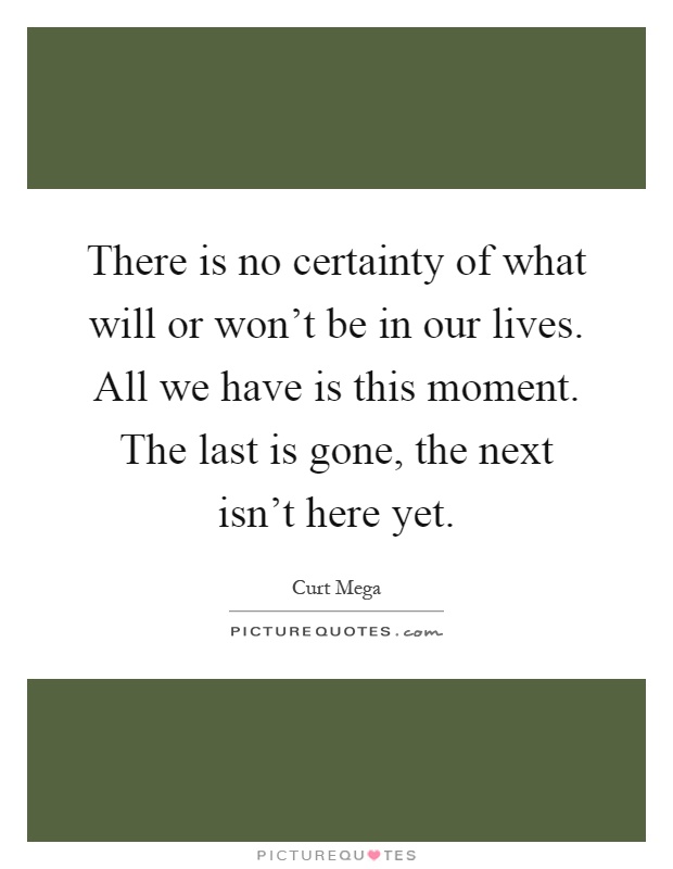 There is no certainty of what will or won't be in our lives. All we have is this moment. The last is gone, the next isn't here yet Picture Quote #1