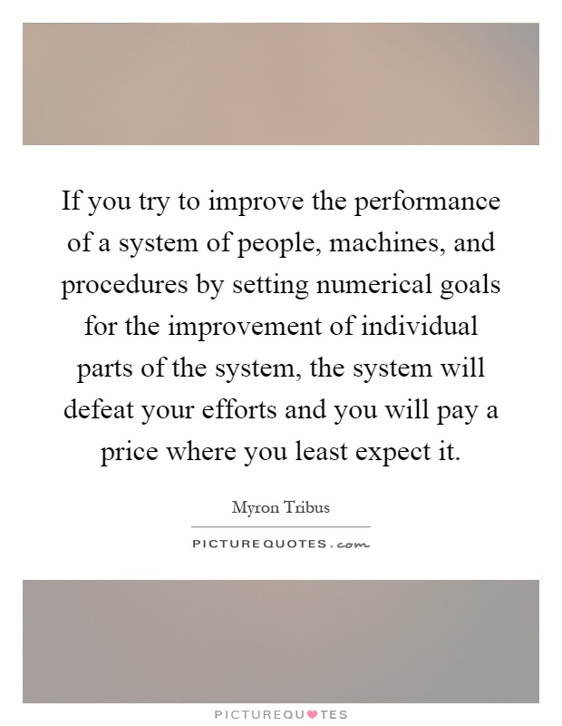 If you try to improve the performance of a system of people, machines, and procedures by setting numerical goals for the improvement of individual parts of the system, the system will defeat your efforts and you will pay a price where you least expect it Picture Quote #1