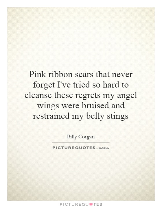 Pink ribbon scars that never forget I've tried so hard to cleanse these regrets my angel wings were bruised and restrained my belly stings Picture Quote #1