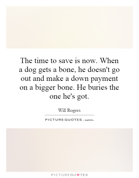 The time to save is now. When a dog gets a bone, he doesn't go out and make a down payment on a bigger bone. He buries the one he's got Picture Quote #1