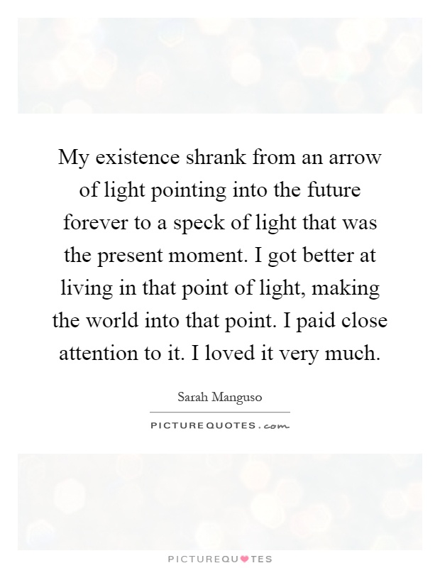 My existence shrank from an arrow of light pointing into the future forever to a speck of light that was the present moment. I got better at living in that point of light, making the world into that point. I paid close attention to it. I loved it very much Picture Quote #1