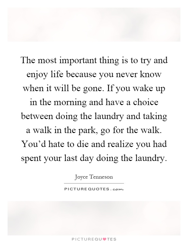 The most important thing is to try and enjoy life because you never know when it will be gone. If you wake up in the morning and have a choice between doing the laundry and taking a walk in the park, go for the walk. You'd hate to die and realize you had spent your last day doing the laundry Picture Quote #1