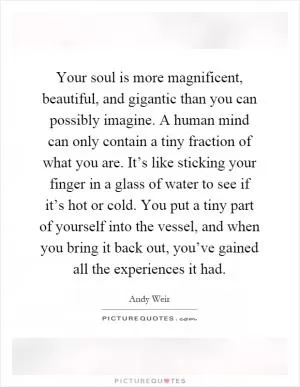 Your soul is more magnificent, beautiful, and gigantic than you can possibly imagine. A human mind can only contain a tiny fraction of what you are. It’s like sticking your finger in a glass of water to see if it’s hot or cold. You put a tiny part of yourself into the vessel, and when you bring it back out, you’ve gained all the experiences it had Picture Quote #1