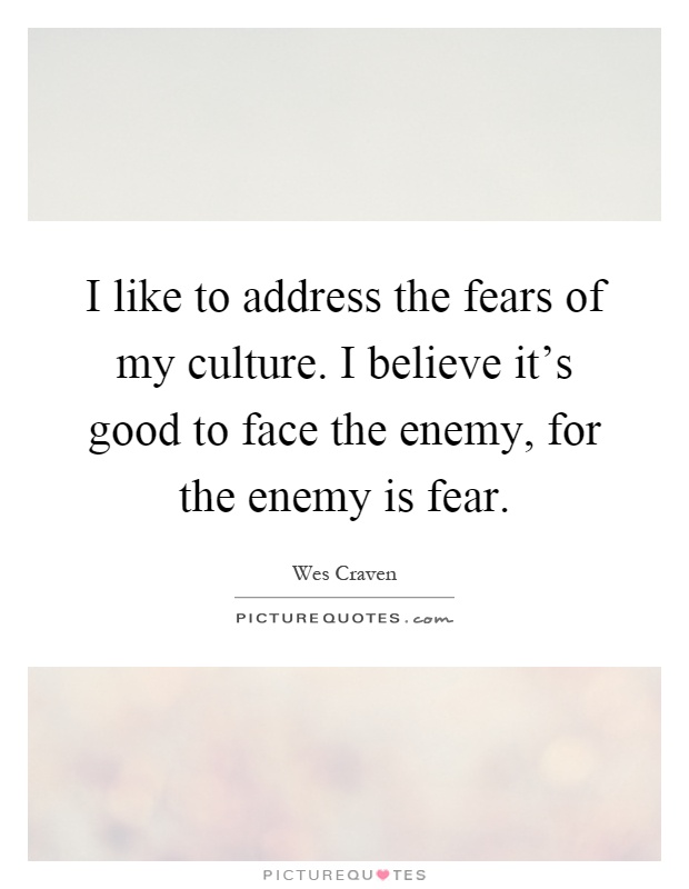 I like to address the fears of my culture. I believe it's good to face the enemy, for the enemy is fear Picture Quote #1